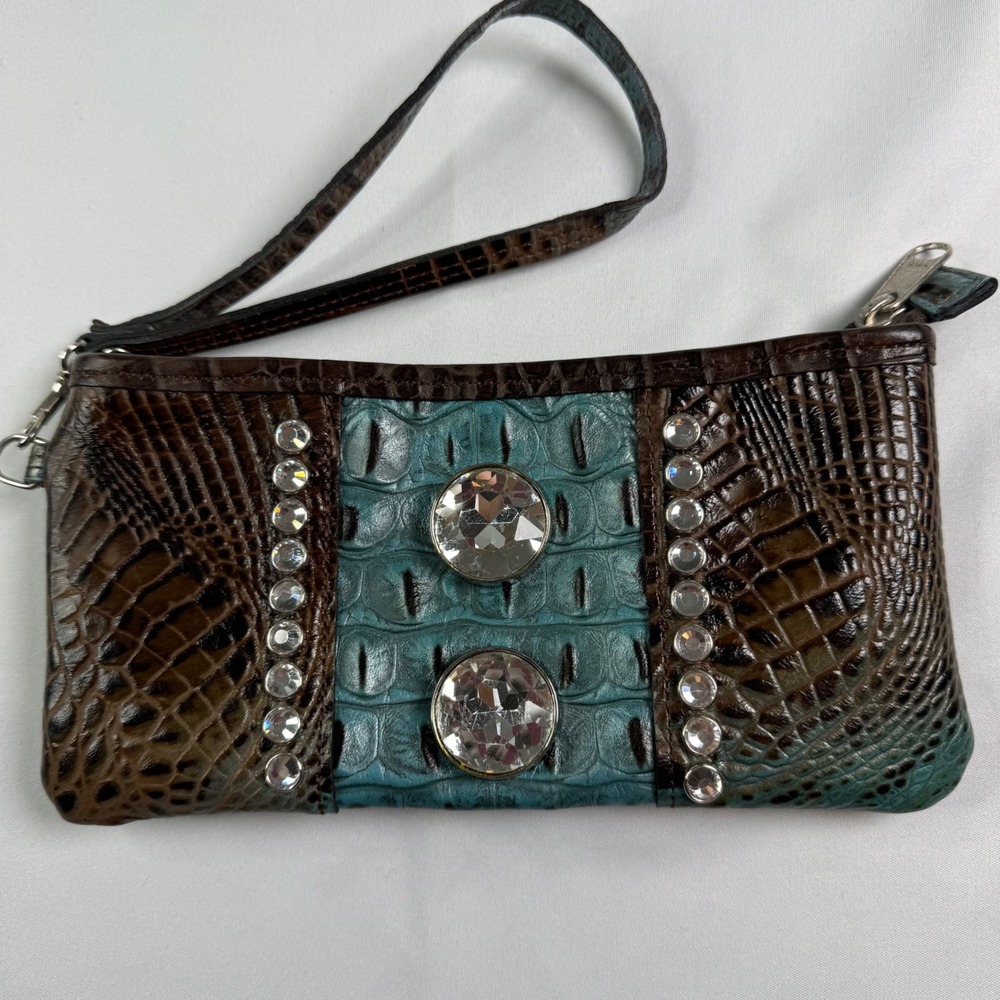 Raviani Brown Turquoise Croc Embossed Leather Rhinestone Wristlet Clutch USA